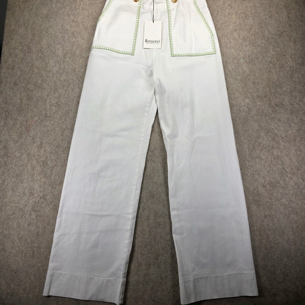 &merci Eliza White Wide Leg Pants Green Blanket Stitch Button Detail Womens S